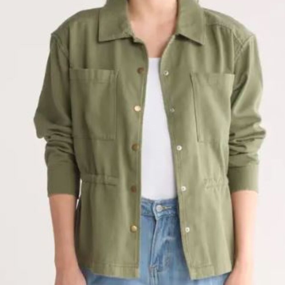 NEW! LUCKY BRAND Olivine Green Spread Collar Snap Close Pocketed Twill Jacket